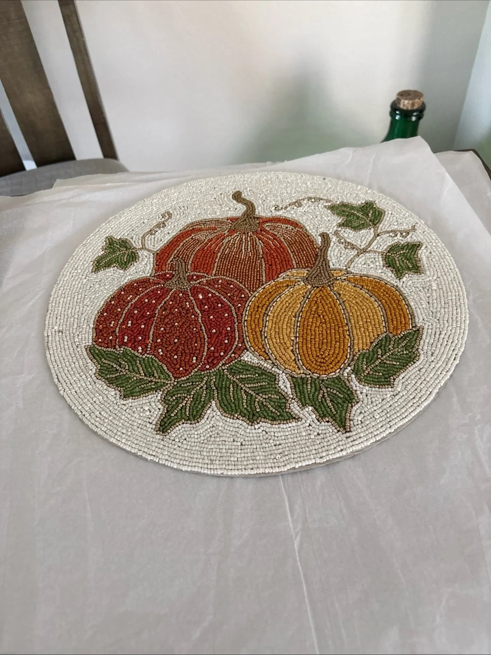 Shabby Chic Beaded Fall Pumpkins Charger Autumn Placemat*Leaves*Centerpiece